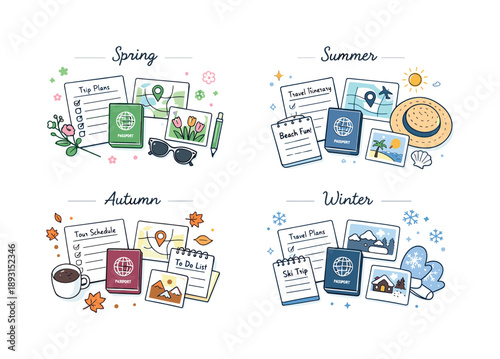Seasonal Travel Essentials. Seasonal travel planning visuals. A neatly arranged flat lay of documents, passport, and notes grouped by season, with gentle
