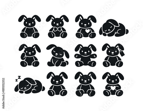 Plush Bunny Icons. Plush Bunny. Solid icon set of Plush Bunny: bunny toy, floppy ears, stitched eyes, soft fur, cuddle pose, button nose, bow tie, heart patch,