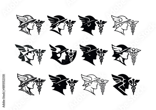 Roman Gods Icon Set. Roman gods. Icon set. Set Logo of Roman gods: Mercury with winged helmet and caduceus. harmonious logo variations of the same emblematic