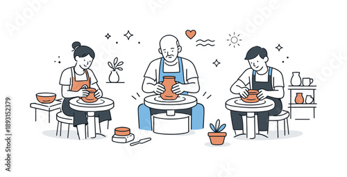 Relaxed Pottery Class. Pottery class. People shaping clay on a potter?s wheel with calm focus. Creative learning and hands-on craftsmanship in a relaxed studio