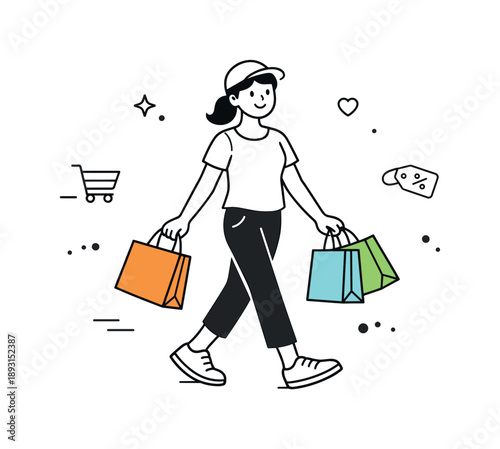 Confident Shopper. Consumer confidence ? everyday purchasing. Person carrying shopping bags with relaxed posture, comfortable and confident buying behavior.
