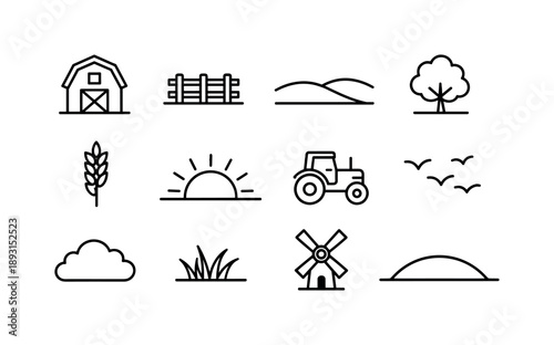 Countryside Sunset Icons. Countryside sunset. Line icon set of Countryside sunset: barn silhouette, fence line, rolling hill, tree icon, wheat stalk, setting