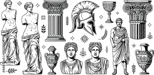 Flat vector Greco-Roman art elements, Venus statue, Corinthian columns, amphora, helmet, busts, ancient culture, classical architecture, black illustration