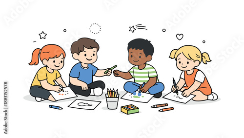Kids Creative Collaboration. Kids drawing together. Small group of kids sharing pencils and coloring side by side, relaxed and cooperative mood. Friendship,