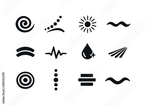 Therapeutic Energy Icons. Therapeutic touch. Solid icon set of energy flow motifs: spiral wave, ascending dots, radiating circle, flowing line, balanced arcs,