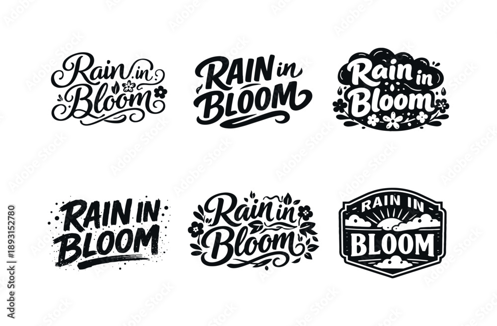 Fototapeta premium Creative Lettering Variations. Rain in bloom. Set lettering. harmonious lettering variations of the same emblematic concept, each with different artistic
