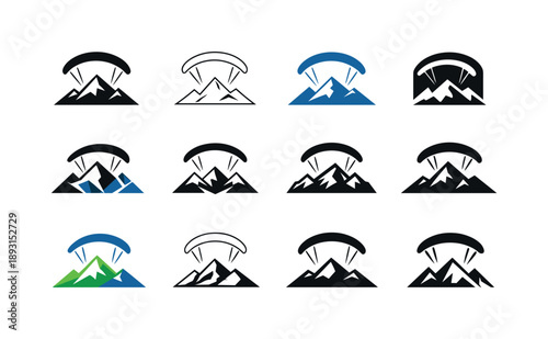 Paraglider Logo Variations. Paragliding in mountains. Icon set. Set Logo of Paragliding in mountains: mountain ridge with glider arc. harmonious logo