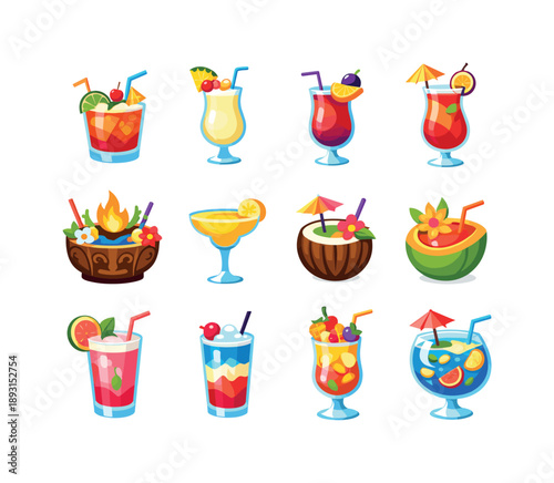 Tropical Drinks Icons. Tropical Drinks. Colorful flat vector icons set of Tropical Drinks: mai tai, pina colada, rum runner, hurricane glass, tiki bowl, banana