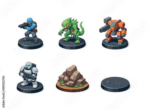 Sci-Fi Miniatures Grid. Tabletop miniatures. Isometric flat vector icons set of tabletop miniatures: sci-fi soldier figurine, alien creature miniature, mech