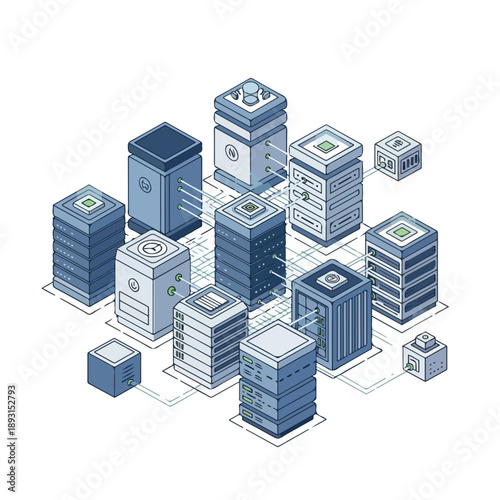 Isometric Illustration of Computer Servers and Data Storage.