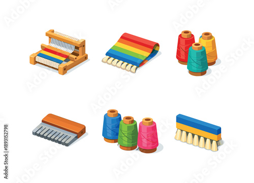 Colorful Weaving Tools. Textile Weaving. Isometric flat vector icons set of textile weaving: tabletop loom, colorful woven cloth, yarn cones, weaving comb