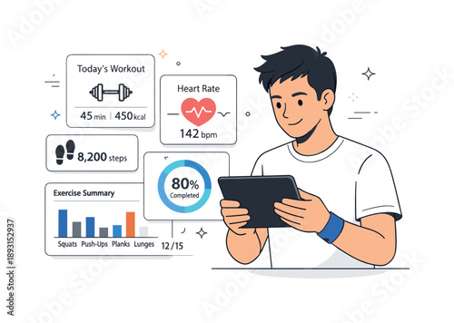 Interactive Fitness Review. Interactive fitness apps ? workout tracking. User reviewing daily workout stats on a tablet, focused and motivated interaction.