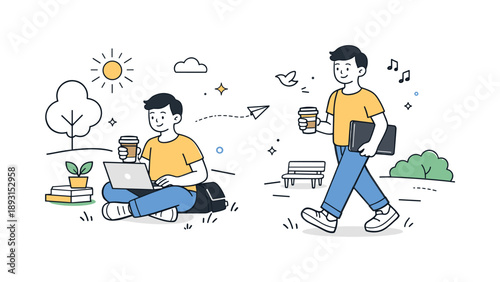 Outdoor Work-Life Harmony. Outdoor work-life balance. Person taking a laptop outside while having a coffee or walking in a park, blending productivity and