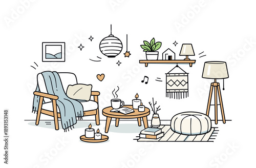 Scandinavian Hygge Haven. Hygge-inspired interior. A clean setting with soft throws, candles, and wooden textures, cozy mood and functional decor conveying