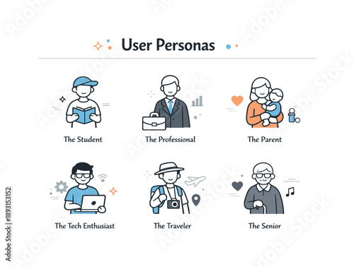 User Personas Infographic. User personas infographic. Simplified people icons with small labels and visual differences, structured overview and calm order.