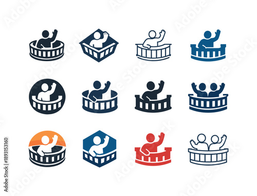 Balcony Wave Icons. Waving from a balcony. Icon set. Set Logo of Waving from a balcony: friendly upper view. harmonious logo variations of the same emblematic