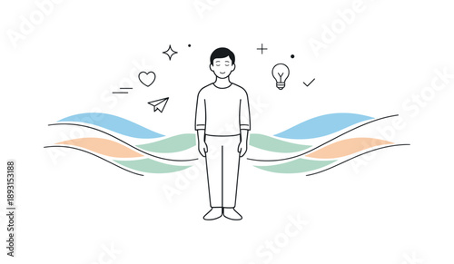 Serene Balance Illustration. Inner clarity and balance. A person stands peacefully as abstract waves settle into smooth lines around them. Emotional balance,