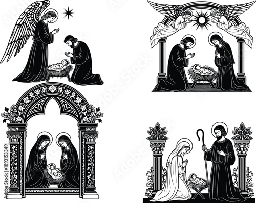 Flat vector nativity scene set, baby Jesus, Mary, Joseph, angel, wise men, Christmas silhouettes, religious illustration, black and white