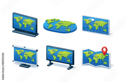 Colorful Isometric World Maps. World map. Isometric flat vector icons set of World map: global world map panel, simplified continents map, world map with grid