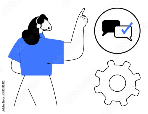 Woman wearing headset pointing upwards, chat bubble with checkmark symbolizing communication, and gear portraying settings or process adjustment. Ideal for customer service, teamwork, support
