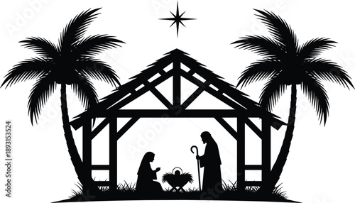 Flat vector nativity scene silhouette, baby Jesus in manger, Mary, Joseph, palm trees, star of Bethlehem, Christmas religious illustration
