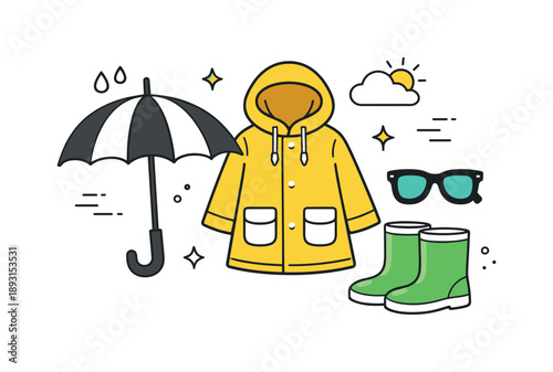 Spring Weather Ensemble. Spring weather essentials. A neat flat-lay style scene with umbrella, raincoat, rubber boots and sunglasses arranged together,