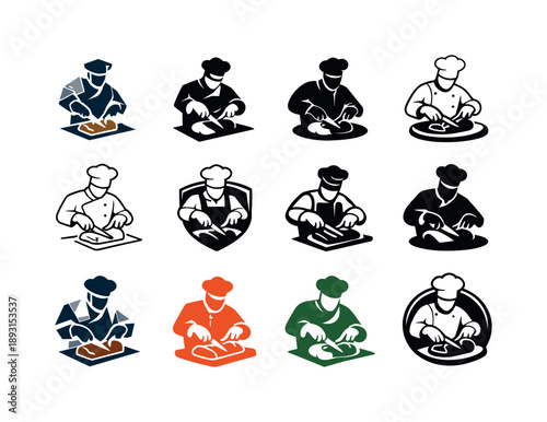 Chef Carving Logos. A chef carving a beautifully roasted piece of meat at a carving station. Icon set. Set Logo of chef carving meat: chef hat and carving