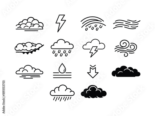Storm Icon Set. Storm patterns. Line icon set of storm patterns: rolling clouds, lightning strike, rain bands, gust lines, storm front, heavy rain cloud,