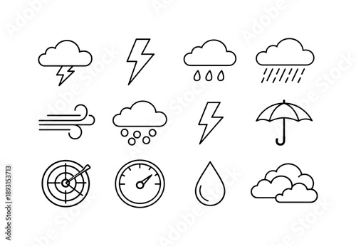 Thunderstorm Icon Set. Thunderstorm elements. Line icon set of thunderstorm elements: storm cloud, lightning bolt, rain cloud, heavy rain, wind gust, hail