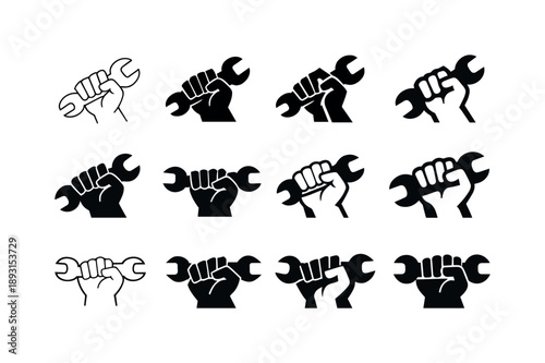 Hands-On Logo Icons. Hands-on job. Icon set. Set Logo of hands-on job: wrench tool. harmonious logo variations: Minimal outline, Filled silhouette, Abstract
