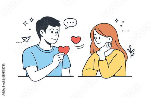 Millennial Love Communication. Romantic relationship advice for millennials. One partner holding a small heart-shaped card while the other listens attentively,