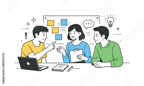 Collaborative Teamwork Illustration. Project teamwork. People collaborating on a shared task, pointing at notes and listening to each other. Sense of unity,