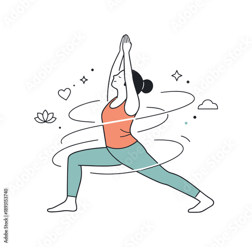 Yoga's Calming Flow. Emotional healing through yoga. A person practices slow standing poses, releasing tension with controlled movement and breath. Calm