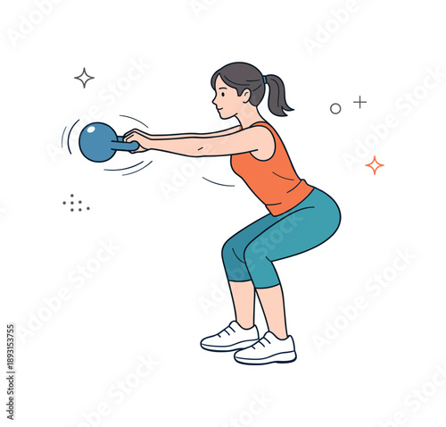 Kettlebell Strength Focus. A woman doing strength training with kettlebells ? focused workout. Woman performing a kettlebell swing, steady movement and