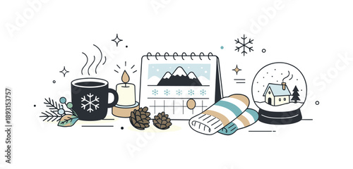 Minimal Winter Tabletop. Seasonal tabletop decor. Winter props arranged with intention on a flat surface, clean composition suggesting preparation, calm, and