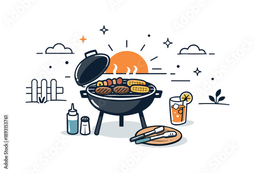 Sunset BBQ Bliss. Barbecuing at sunset ? backyard cooking. Simple grill setup with food cooking as the sun lowers on the horizon, peaceful domestic scene.