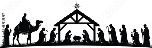Flat vector nativity scene silhouette, baby Jesus in manger, Mary, Joseph, wise men, shepherds, star of Bethlehem, Christmas illustration
