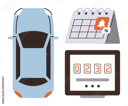 Fleet management, vehicle tracking, scheduling, reminders, transportation logistics, smart systems. Car top view, calendar digital mileage display. Fleet management and vehicle tracking ideas