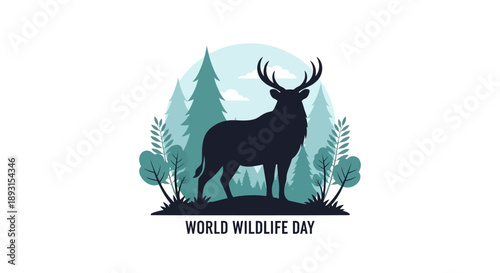 Vector illustration of a deer standing in a forest on World Wildlife Day in America with wild elements.