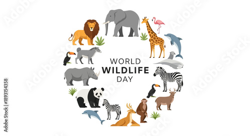 Vector illustrations of various wild animals forming a circle around World Wildlife Day text on white background