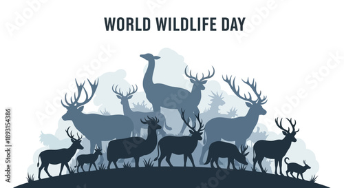 Vector illustration of various animal silhouettes for World Wildlife Day in America, featuring wild elements.