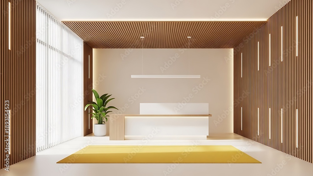 Fototapeta premium Modern minimalist reception area interior design with a sleek white desk, vibrant yellow rug, and elegant wooden walls, creating a bright and welcoming contemporary space
