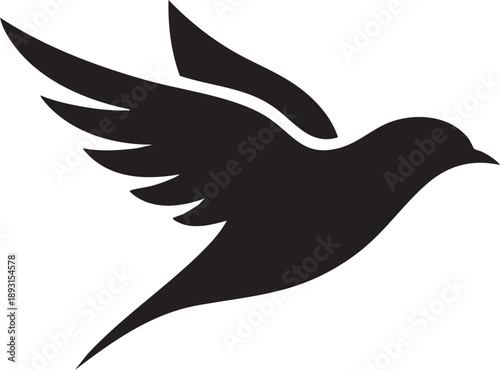 A black silhouette of a bird in mid flight against a white background