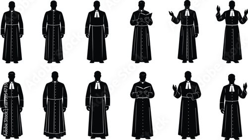 Flat vector silhouette of clergy figures, religious attire, prayer gestures, Christian tradition, black and white illustration, spiritual posture collection