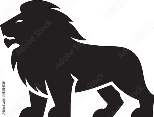 A black silhouette of a lion standing proudly with its mouth open