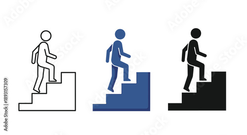 The figure ascends stairs, showing career progression.