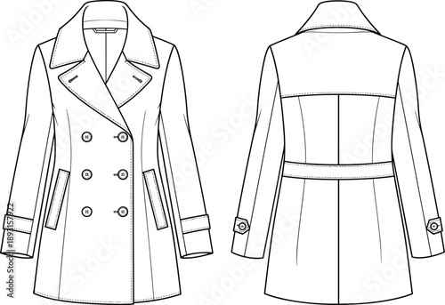 Women’s double breasted tailored coat technical flat sketch, front and back view vector illustration for fashion design, outerwear development, and apparel manufacturing reference
