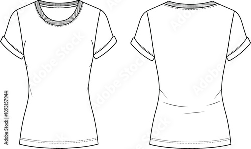 Women’s fitted t shirt flat technical drawing with front and back views featuring short sleeves, round neckline, casual basic top vector illustration design