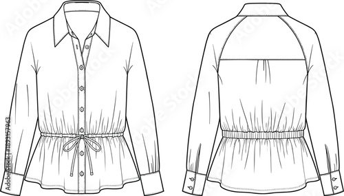 Women’s long sleeve drawstring waist blouse technical flat sketch, front and back view vector illustration for fashion design, apparel development, and manufacturing reference