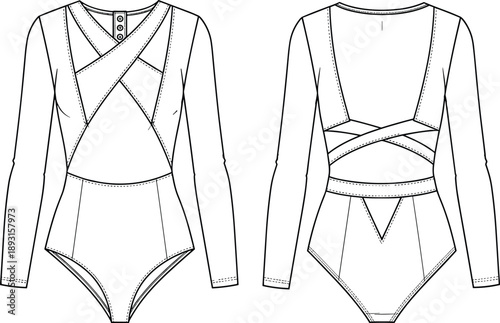 Women’s long sleeve wrap bodysuit technical flat sketch, front and back view vector illustration for fashion design and apparel manufacturing reference womenswear template